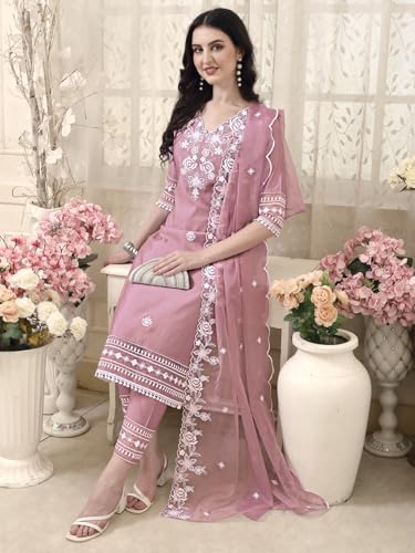 Image of NIVANA Womens Pakistani Style Embroidered Kurta with Pant & Embroidered Dupatta | Chanderi Straight Kurta Set with V-Neck & 3 /4 Sleeves | Ethnic Wear for Festive & Casual Occasions