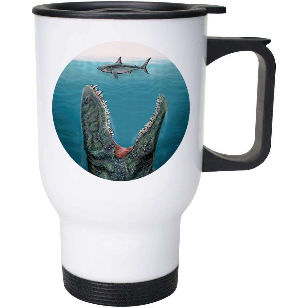 Azeeda 400ml 'Mosasaurus Dinosaur & Shark' Reusable Coffee/Travel Mug (MG00066457)