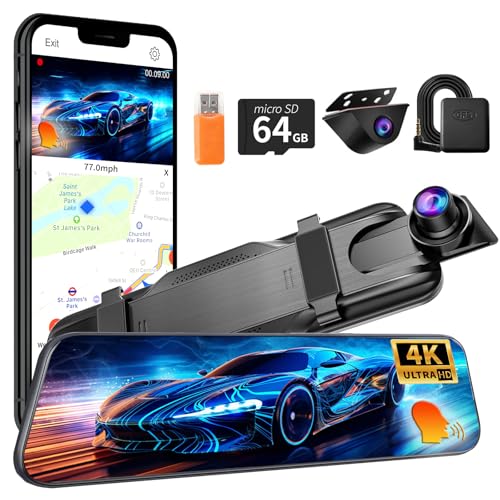 Mirror Dual Dash Camera,4K and 1080P Dash Cam with Voice Control Rear View Mirror Camera and...