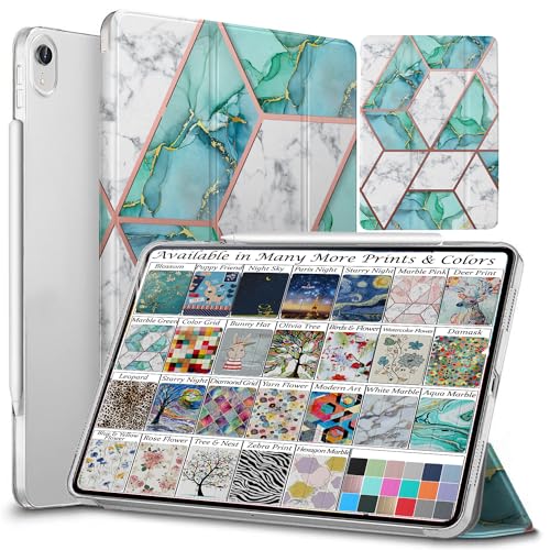 Image of DuraSafe Cases for iPad Air 5 2022 / Air 4 2020 10.9 Inch [ Air 4th Air 5th Gen ] A2316 A2324 A2325 A2072 A2588 Trifold Printed Hard Smart PC Transparent Back Cover - Marble Green