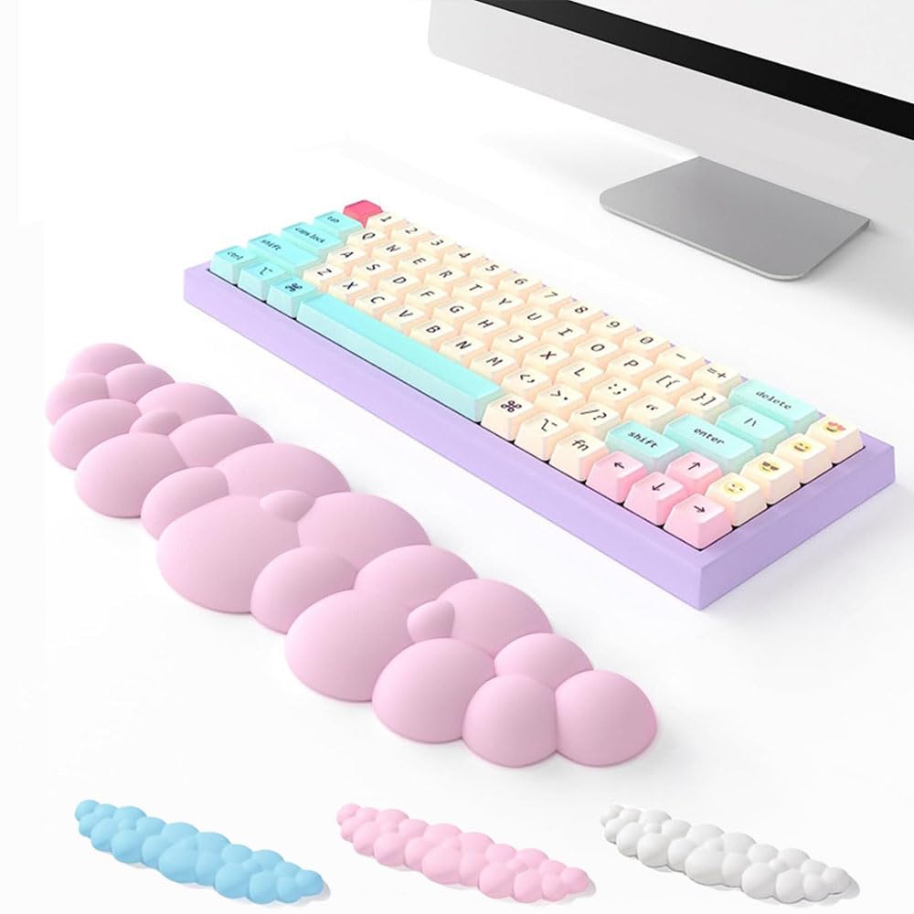 Cloud Wrist Rest Keyboard, White Cloud Wrist Rest with PU Leather Memory Foam Cute Keyboard Rest for Wrist Support, Desk Cloud Wrist Pad for PC Gaming/Hand Cushion/Computer/Office (Pink)