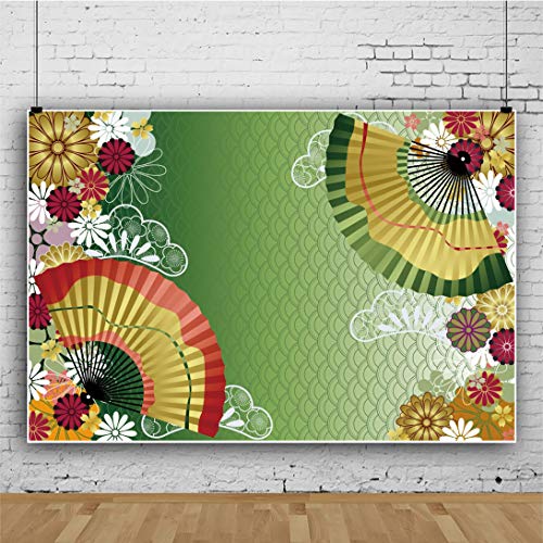 Qinunipoto 背景布 写真の背景 1.5x1m 家の装飾 オフィスの装飾 事業活動 背景布 和風 撮影布 さくら 緑の背景 扇子 デイジー リップル 写真の背景 写真撮影用 商品撮影 人物撮影 写真スタジオ 撮影用 写真館 無反射布 カスタマイズ可能な背景 小道具