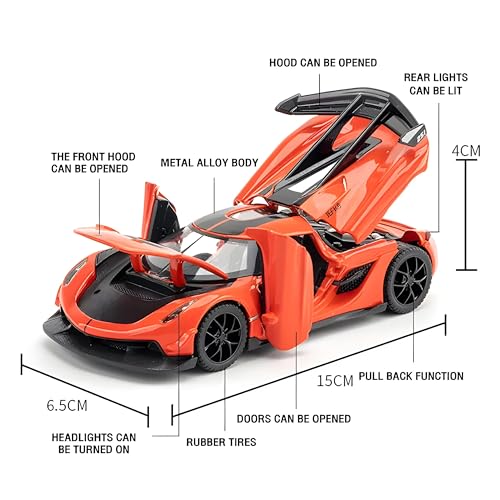 Image of 1:32 Scale Koenigsegg Jesko Model Super Car - Exclusive Alloy Metal Pullback Toy with Openable Doors, Lights, and Music for Kids (Orange)