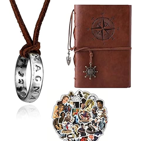 XHBTS Uncharted 4 Drake 20 Stickers and Engraved Ring Pendant Necklace,Brown Leather Chain and Travel Journal Writing Notebook, Vintage PU Leather Note Book, A7(Brown) Cover