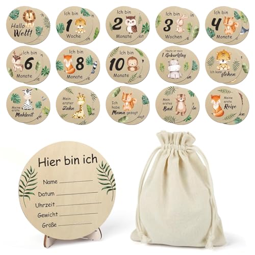 Holz Meilensteinkarten Baby,15 Meilensteine auf edlen Holzscheiben, Meilensteinkarten Schwangerschaft, Meilensteinkarten Baby Holz mit farbigen Tierchen bedruckt,Geschenkideen für werdende Mütter