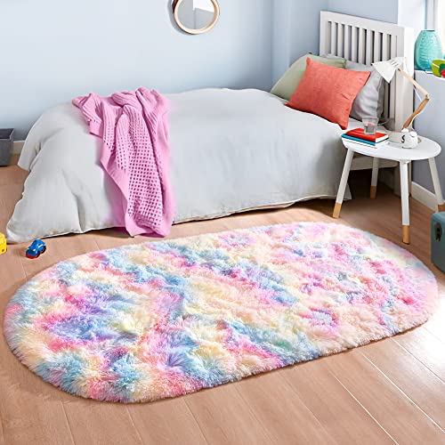 Junovo Fluffy Oval Rug For Bedroom Soft Rainbow Area Rugs For Girls Room, Shaggy Colorful Rug For Kids Room, Plush Bedside Carpet For Teen Dorm Baby Nursery Home Decor, 2.6 X 5.3Ft Tie-Dye Rainbow #TOP6