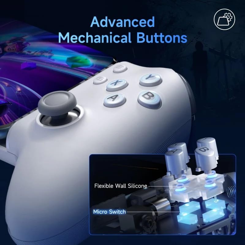 Close-up view of the controller's ABXY buttons with an internal diagram showing micro switches and flexible wall silicone for advanced mechanical buttons.