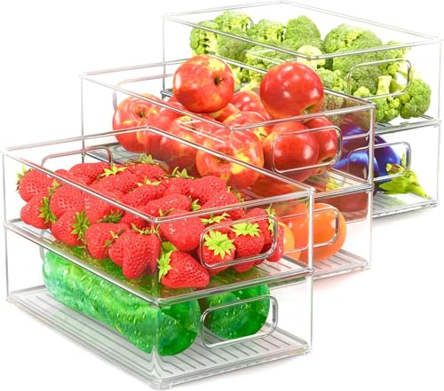 Unique Impression Set of 6 Stackable Fridge Organisers - Clear Fridge Storage Containers with Handles - Organizer Boxes for Refrigerator Cupboard Cabinet Pantry Snacks Cans Tins Kitchen