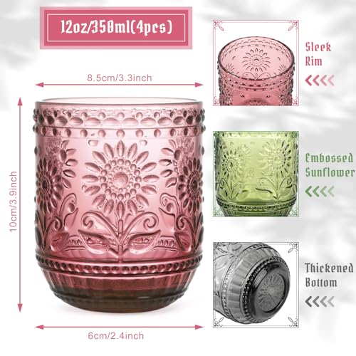 Topsky Vintage Drinking Glass Set Of 4,12 Oz Embossed Floral Drinkware Set,Colorful Drinking Glasses Cups Wine Glasses Colored Glassware For Whisky,Beer,Juice,Cocktail,Heavy Duty thumb #3