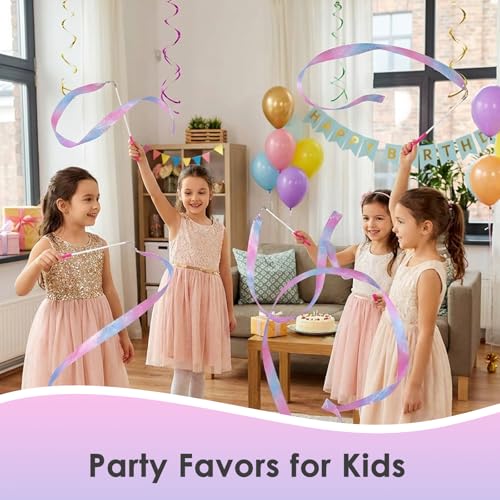 Image of YGEOMER 2Pcs Dance Ribbons for Kids, Sparkling Pink & Blue Gymnastics Ribbon Wands, Ballet Party Favors for Girls, Birthday Performance Props