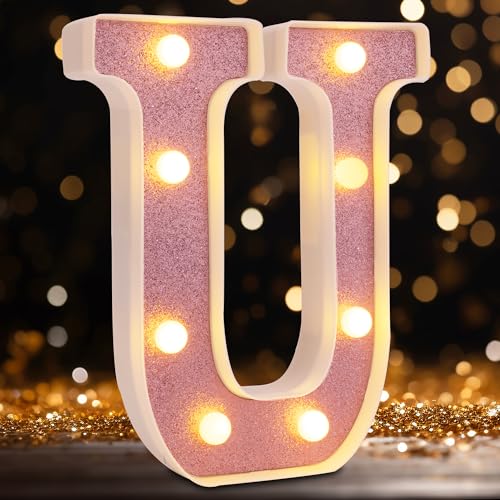Image of Small Led Marquee Letters, Light Up Letters, 8.58 Inch Led Letter Lights, Battery Powered Lighted Sign for Table, Party, Birthday, Christmas Decor (Pink Glitter, Letter U)