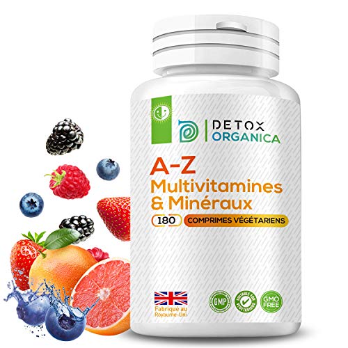 Detox Organica Multi vitamines et Minéraux  34 nutriments - Vitamines A-Z-Vitamines A, B, C, E et D3-180 Comprimés : Cure 6 mois-100% naturel et Végétarien-Marque Française