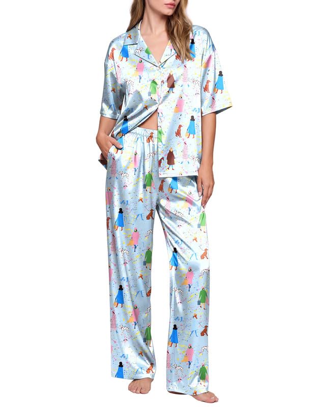 Image of Ekouaer Silk Satin Pajamas Set Women Short Sleeve Pj Sets Button Down Sleepwear 2 Piece Soft Loungewear S-XXL