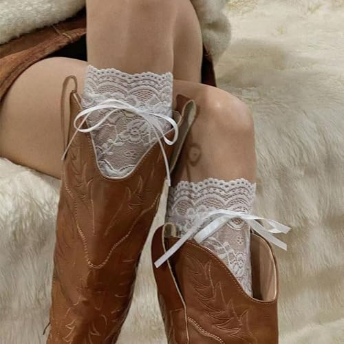 Image of White Knee High Socks, Lace Ruffle Cute Sock Lolita Stockings Kawaii Lace Top Thin Socks for Girl Women