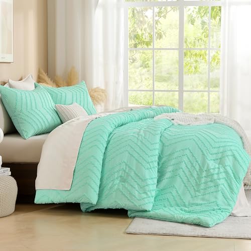 Image of Andency Mint Green Comforter Set Full Size, Boho Soft Warm Tufted Neutral Bedding Comforter Sets for Full Bed, 3 Pieces Aesthetic Chevron Cute Bohemian Textured Bedding Set