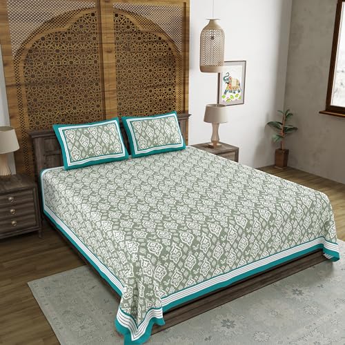 Image of BLOCKS OF INDIA Hand Block Printed 300 TC Cotton Super King Size Bedsheet(106 x 106) (Multi 18)