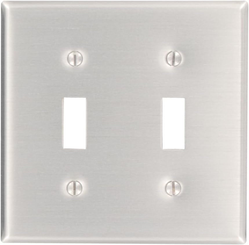 Фронт view of the Leviton 83009 2-Gang Toggle Device Switch Wallplate, showing two toggle switch openings and four screw holes.