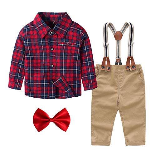 Baby Boys Clothes Set 4-Piece Outfit Set Long Sleeve Shirt Suspender Pants Bowtie Gentleman Suit Set Red Beige