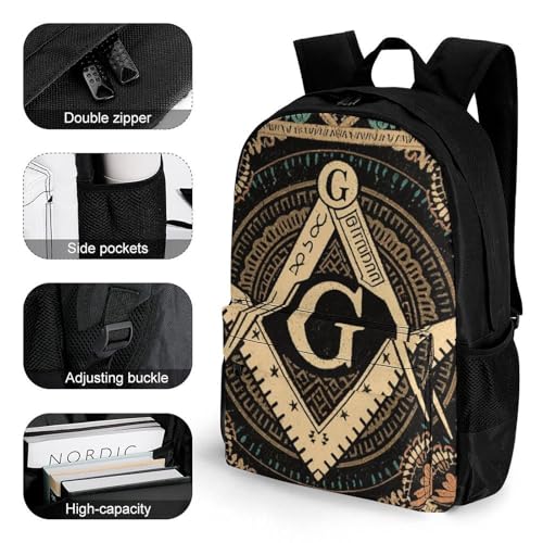 Shoulder Book Bags Anti-Theft Multipurpose Big Capacity Bookbag - Gold Freemason Freemasonry Masonic Art Travel Hiking Backpack With Smooth Zippers3