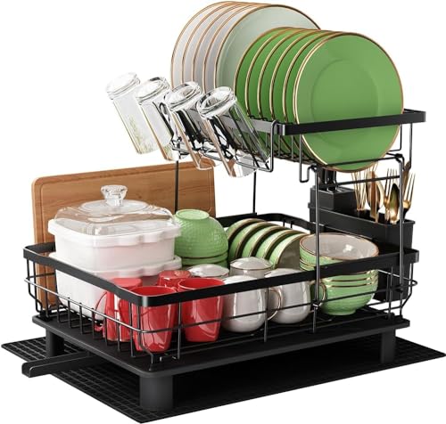 Escurridor de platos de acero inoxidable con bandeja de goteo y soporte para utensilios para un almacenamiento eficiente de los platos