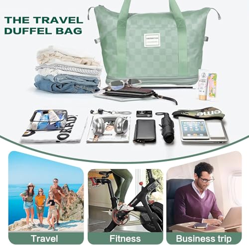 NBERMOTION Expandable Rolling Duffle Bag - Large Carry-On With Spinner Wheels, Foldable Weekend Travel Bag, 28-58L Capacity（Backpack-Green Checkboard） — view 6
