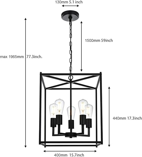 Miniatura 2 de Wanluce Lámpara colgante moderna de granja, 5 faroles negros para cocina, luces de isla cuadradas, comedor para iluminación colgante de entrada