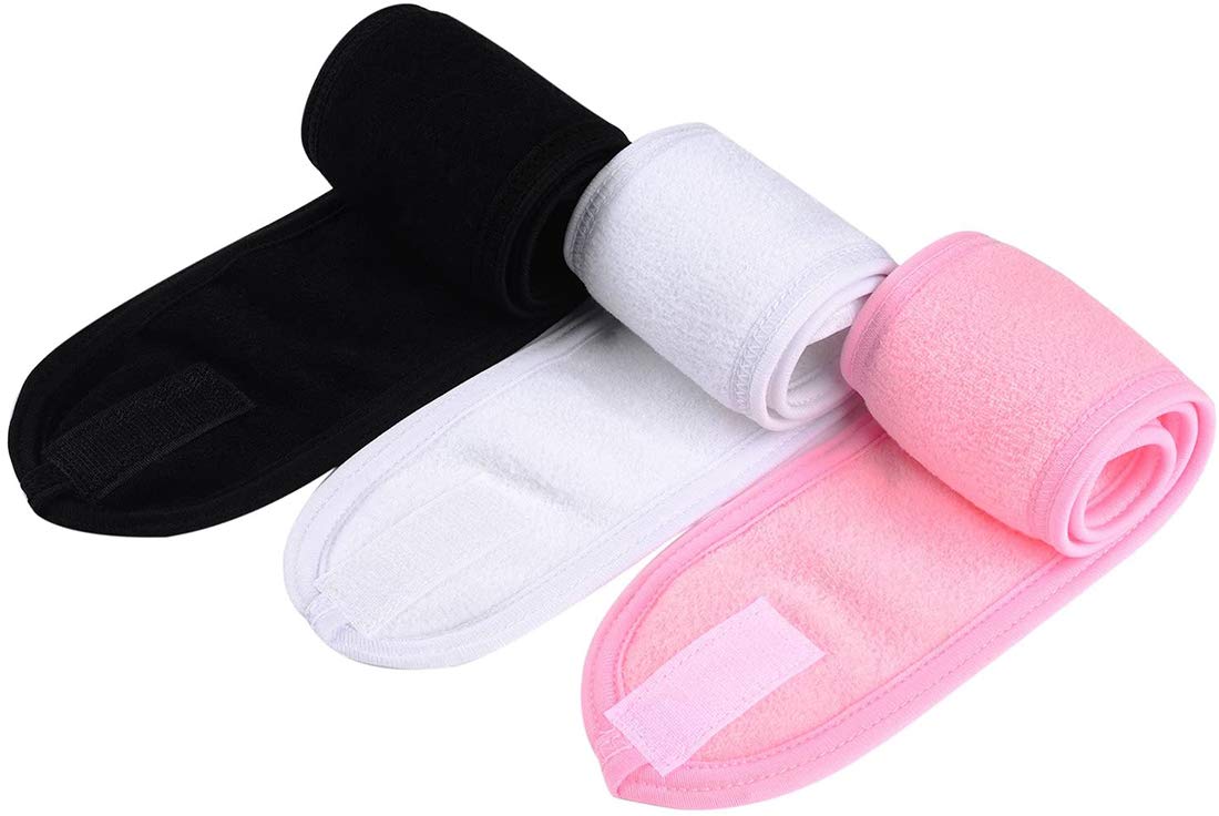 Facial Headband DELFINO Make Up Wrap Head Terry Cloth Headband Adjustable Towel Stretch Towel with Magic Tape, Spa Facial Headband Self-Adhesive Make Up Wrap 3 Pieces (White Black Pink)