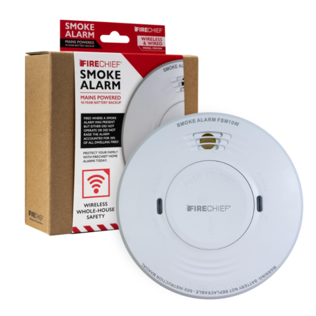 Smoke Alarm with Wireless Interlink - Mains Powered Fire Alarm With 10 Year Battery Backup - Kitemark Certified to BS EN 14604 - Wirelessly Interlink with Firechief Alarms for Home - FSM10W Model