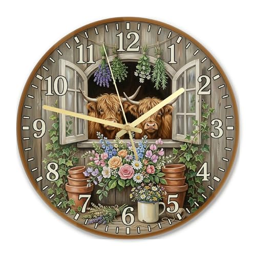 Horloge murale de salle de bain avec motif de vaches, fenêtre de campagne rustique, horloge murale ronde verte pour cuisine, salle à manger, appartement,...