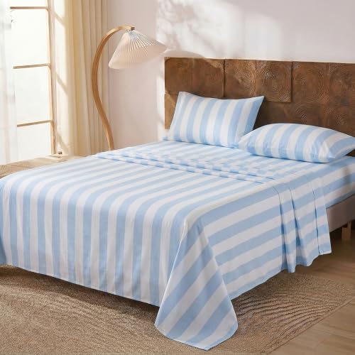Image of Merryword Blue and White Striped Sheet Set Queen Size - 100% Cotton Striped Bedding 4 Pieces, Soft Breathable Percale Weave, 17.5 inch Deep Pocket, Luxury Linen Like, All Season Comfort