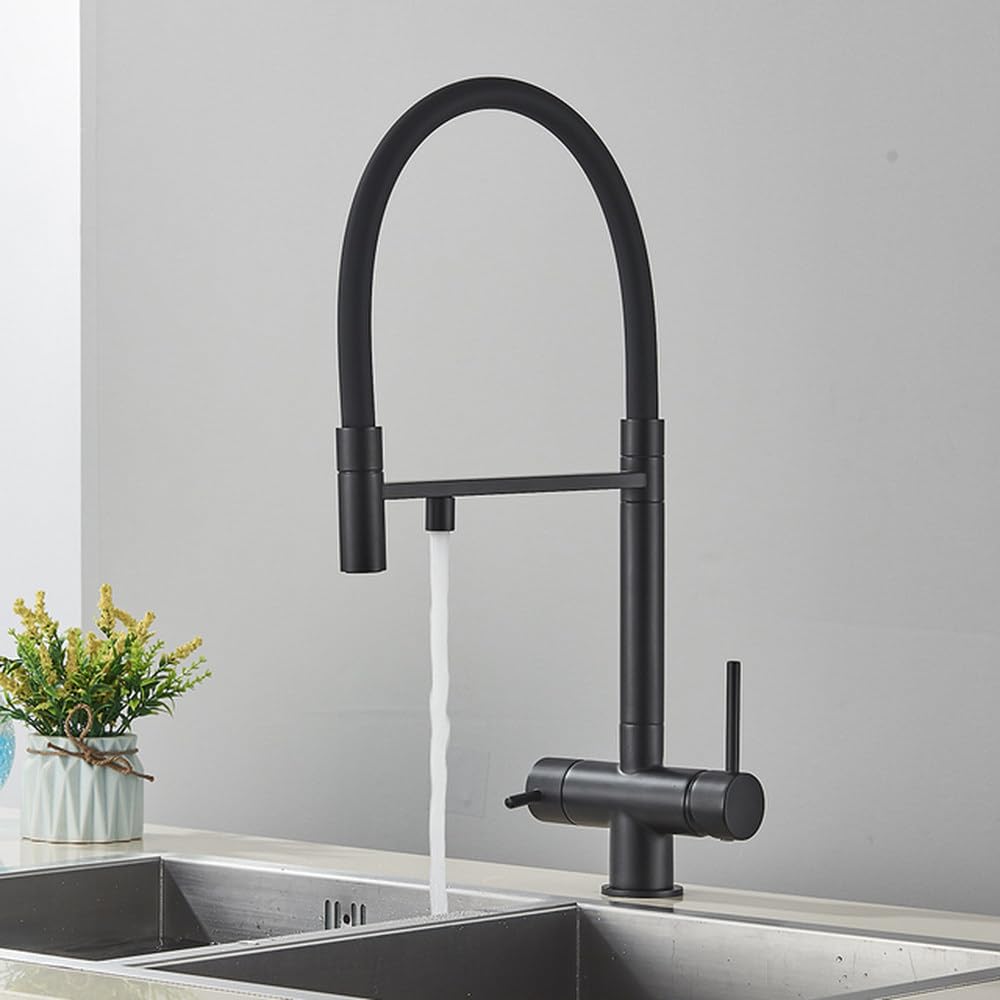 FCXWEVR Matte Black Kitchen Water Filter Faucet with Dual Spout Rotating Drinking Water Mixer Tap Efficient Water Purification System for Modern Kitchens
