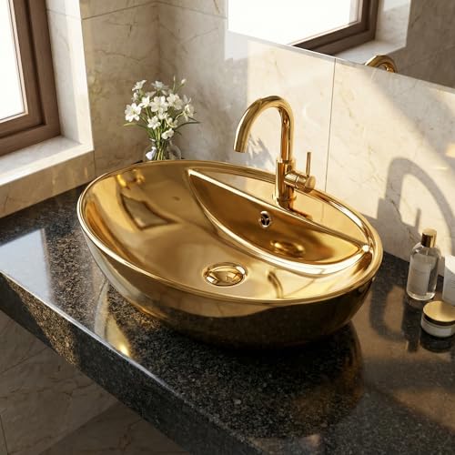 Image of InArt Ceramic Oval Gold Color Vanity Wash Basin, 59 x 39 x 21 CM, Luxurious Bathroom Sink