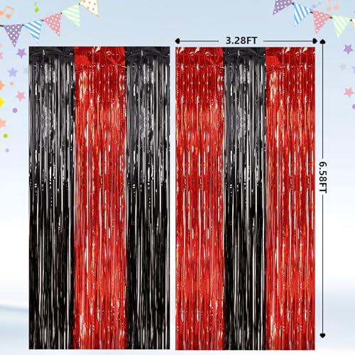Image of 2 Pack Black and Red Foil Fringe Curtains Party Decorations, Tinsel Curtain Backdrop Streamers for Birthday Graduation Fiesta Stranger Theme Halloween Christmas Party Decors Supplies Door Streamers