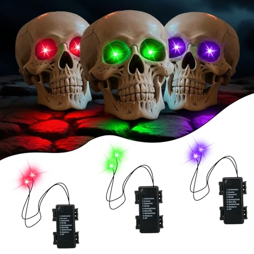 Kelumi LED Glowing Eyes Light Up Skeleton Halloween Decorations Outdoor Glow in the Dark Eyes 17.7inch Battery Operated with Timer 8 Lighting Modes for Masks Skulls Red Green Purple 3 Packs