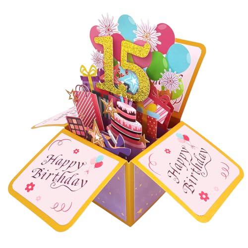 Happy 15th Birthday Pop Up Karte für Mädchen, 15 Jahre alte Geburtstags Geschenk Idee für Tochter Nichte, lustige 15. Geburtstag 3D Grußkarte für sie