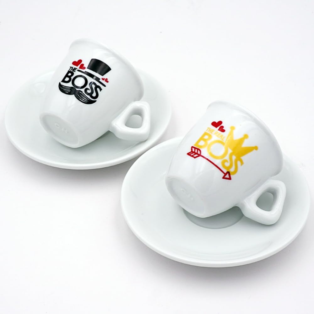 BrandPrint Set 2 Tazzine Caffè con Piattino - Serigrafia Artigianale THE BOSS, THE REAL BOSS in Box Elegante - 100% Made in Italy - Regalo Coppia San Valentino, Anniversario, Casa Nuova, Matrimonio