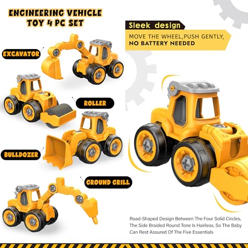 Image of Zest 4 Toyz Construction Truck Toy for Kids Set of 4 Take Apart Vehicles with Screwdriver DIY Building Playset Toy for 3 4 5 6 Years Old Boys Girls (Yellow)