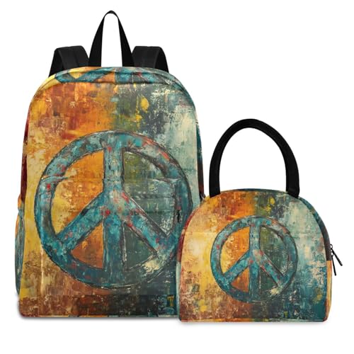 Backpack Lunch Bag Set Painting Peace Sign Print, Big Storage Travel Backpacks with Insulated Lunch Box for Office Hiking Picnic