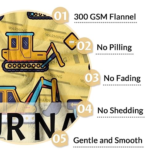 Personalized Construction Truck Blanket Gifts with Name - 60x80 Inches Funny Throw Blanket for Boys & Kids - Yellow Soft Fuzzy Excavator Blankets for Bed, Couch & Living Room