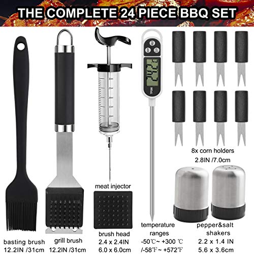 Grilljoy 24Pcs Bbq Grill Tools Set With Meat Thermometer And Injector - Extra Thick Stainless Steel Fork, Spatula& Tongs - Complete Bbq Accessories In Aluminum Case - Perfect Grill Gifts For Men #TOP2
