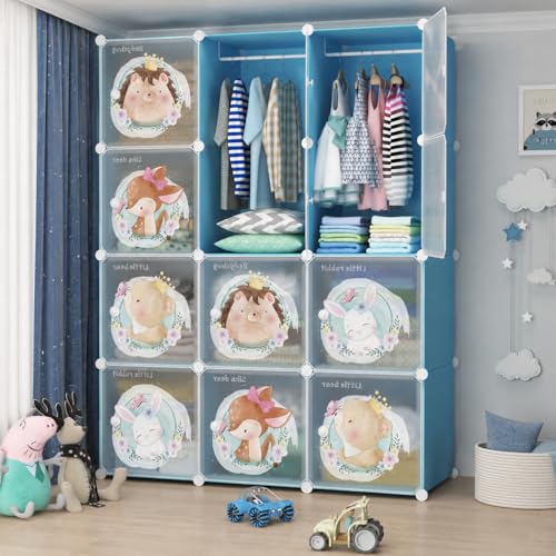 Image of EXVITO Kids Plastic Wardrobe - 12 Door Foldable Almirah for Clothes with Hanging Rod, Collapsible Wardrobe Cartoon Print Cupboard for Baby & Kids Room - KTC3