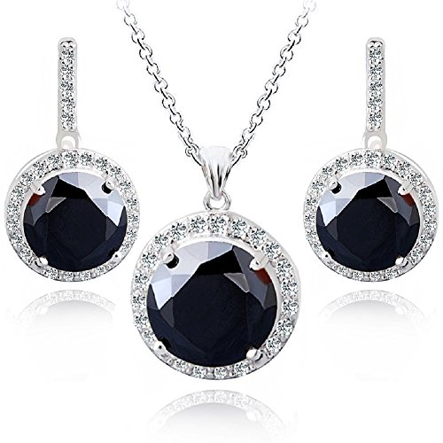 Preisvergleich Produktbild Rund Schwarz Österreichische Zirkonia Kristalle Schmuck-Set Halskette Anhänger 45 cm Ohrringe 18 kt Weiß Vergoldet für Damen