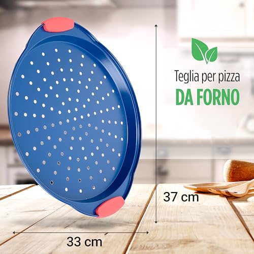 NutriChef Teglia per Pizza Antiaderente da 33 cm, Teglia Forno Rotonda in Acciaio al Carbonio con Fori Perforati con Manici in Silicone Antiscivolo, Lavabile in Lavastoviglie, Blu - immagine 4