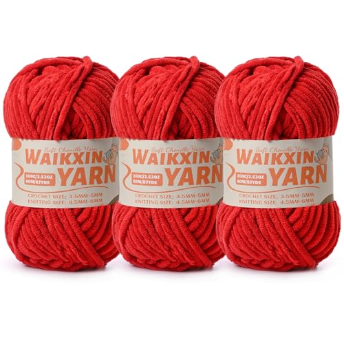 Image of (3 Red) 3 Pack Super Soft Fuzzy Chenille Chunky Yarn for Crocheting, 300g (261yds) Velvet Fluffy Yarn for Hand Knitting Baby Blankets Weaving Craft