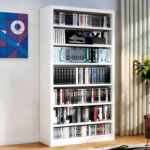 Image of 55 inch Media Storage Cabinet, Metal CD Storage Rack with 6 Adjustable Shelves, 7-Tier Large Stereo Cabinet for Living Room, Home Entertainment (White)