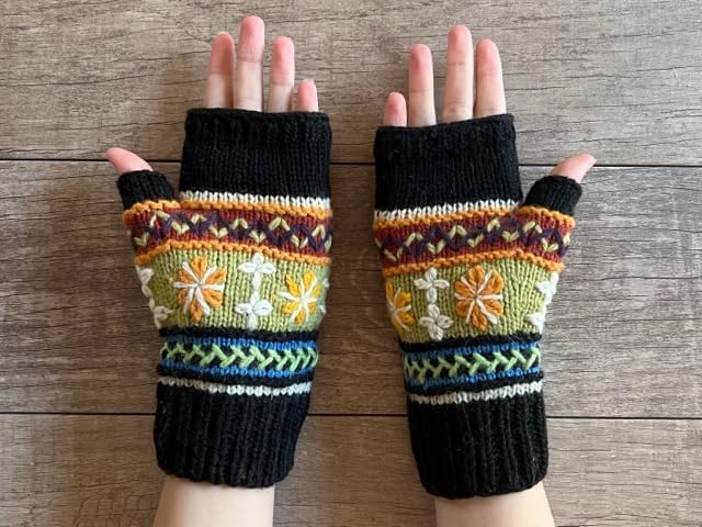 Hand Knit Alpaca Fingerless Embroidered Gloves Fleece Lined Winter Texting Driving Warm - Image 4
