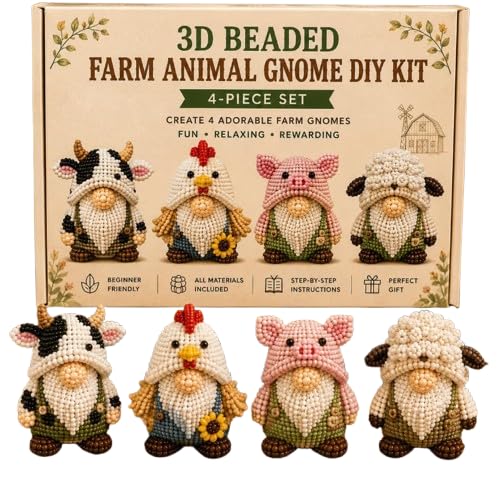 2026 Limited Edition 3D Beaded Gnome DIY Kit 4 Gnome Designs 3D Beaded DIY Kit for Beginner (Farm Animal GNOME)