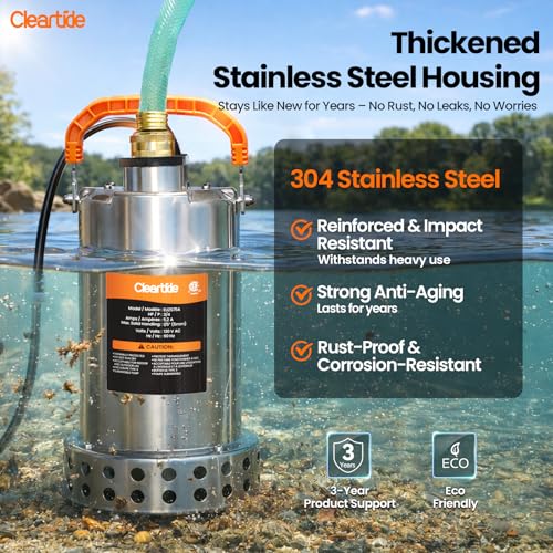 Image of Cleartide Stainless Steel Submersible Utility Water Pump, 3 /4 HP 3780 GPH, Thermoplastic Portable Plug & Work, Ideal for Pool, Flooded Basement, Hot Tub, Pond & Garden Draining, 10 FT Cord