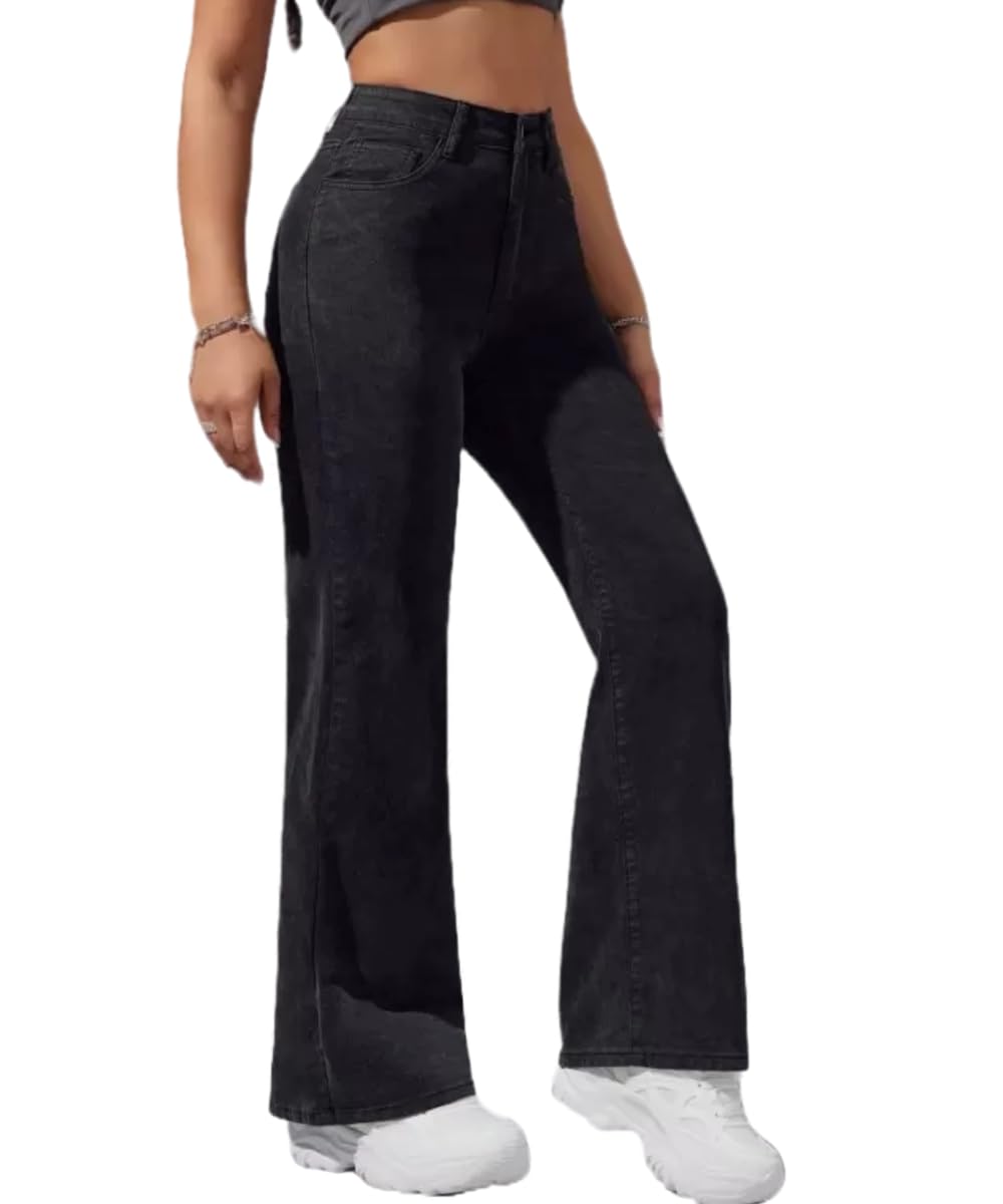 Women's High Waist Wide Leg Jeans, Regular Fit, Baggy Style, Black-image-45