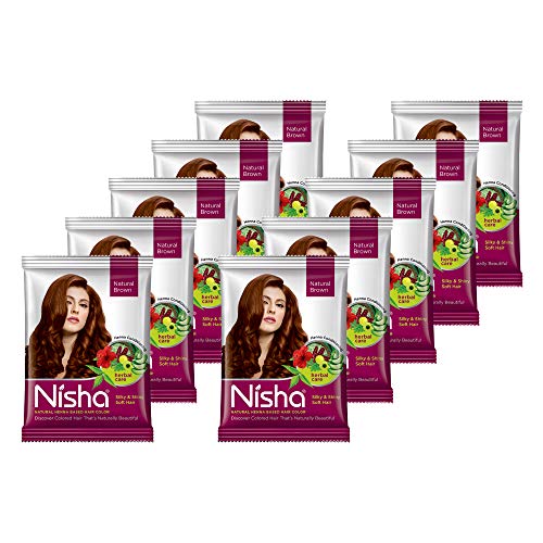 Nisha Natural Henna Based Hair Color Powder – Natural Brown | Herbal Hair Dye for Soft, Shiny & Silky Hair | Henna Hair Colour With Amla, Aloe Vera, Shikakai & Hibiscus (15g Each Pack of 10)